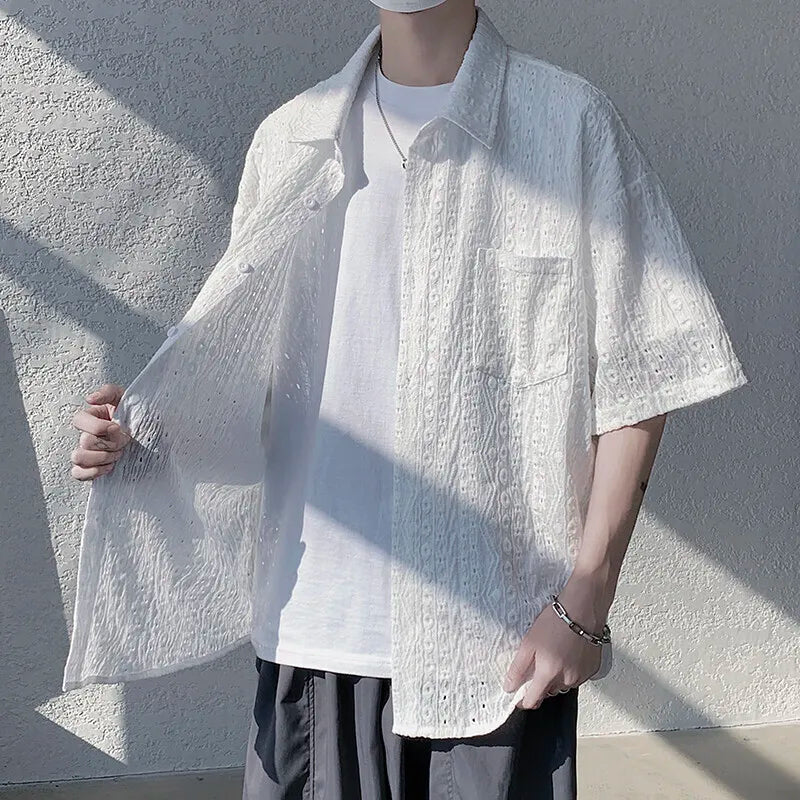 Threebooy  Summer Short Sleeved Shirt Men Casual White Shirt Men Streetwear Hip-hop Loose Hollow Shirt Mens Hawaiian Shirt Plus Size 5XL