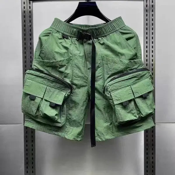 Threebooy  Summer Trendy Workwear Shorts Men's Five-Pocket Quick-Dry Versatile Straight-Cut Low-Waist Belted Casual Polyester Fiber