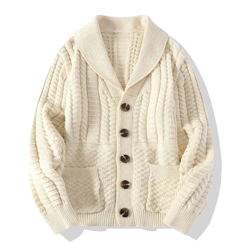 Threebooy Korean Version Retro Hand-woven Twisted Twisted Sweater Men's Spring Autumn Thickened Sweater Lapel Cardigan Trendy Jacket Chic