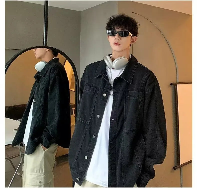 Threebooy Trendy Men's Denim Jacket Autumn Winter, Ripped & Patchwork Design, Oversized Fit, Urban Street Style, Unisex