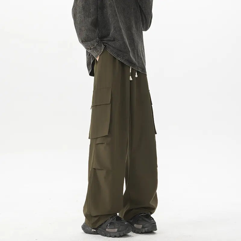 Threebooy Summer Casual Pants Men Retro Pocket Cargo Pants Men Japanese Streetwear Hip-hop Loose Wide Leg Pants Mens Vintage Trousers