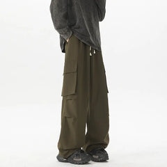 Threebooy Summer Casual Pants Men Retro Pocket Cargo Pants Men Japanese Streetwear Hip-hop Loose Wide Leg Pants Mens Vintage Trousers