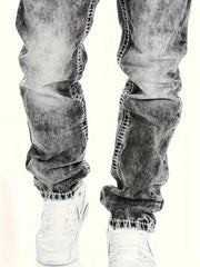 Threebooy  1pc Men's Casual Slim-Fit Stretch Jeans, Fashionable Street-Style Gradient Denim Pants with Washed-Out Look, Regular Fit, Machin