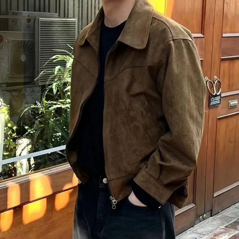Threebooy Elegant Solid Brown Coat Men's Spring Autumn High-end Loose Lapel Plush Top Winter New Zipper Short Jacket Vintage Streetwear