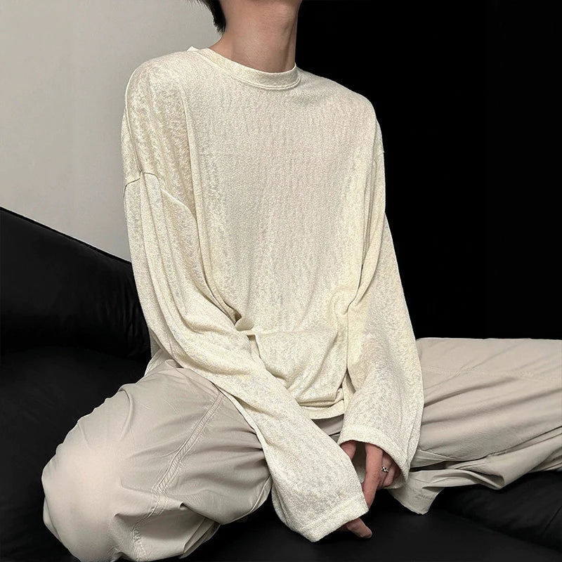 Threebooy  Autumn Laid-back Style Draping Men's T-shirt Luxury Korean Popular O Neck Long Sleeve Tees Leisure Loose Lightweight Basic Shirt