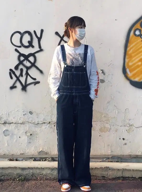 Threebooy American Retro Large Size Denim Overalls Men's Loose Trend Korean Style Fashion 2025 New High-end Straight Suspender Jumpsuit
