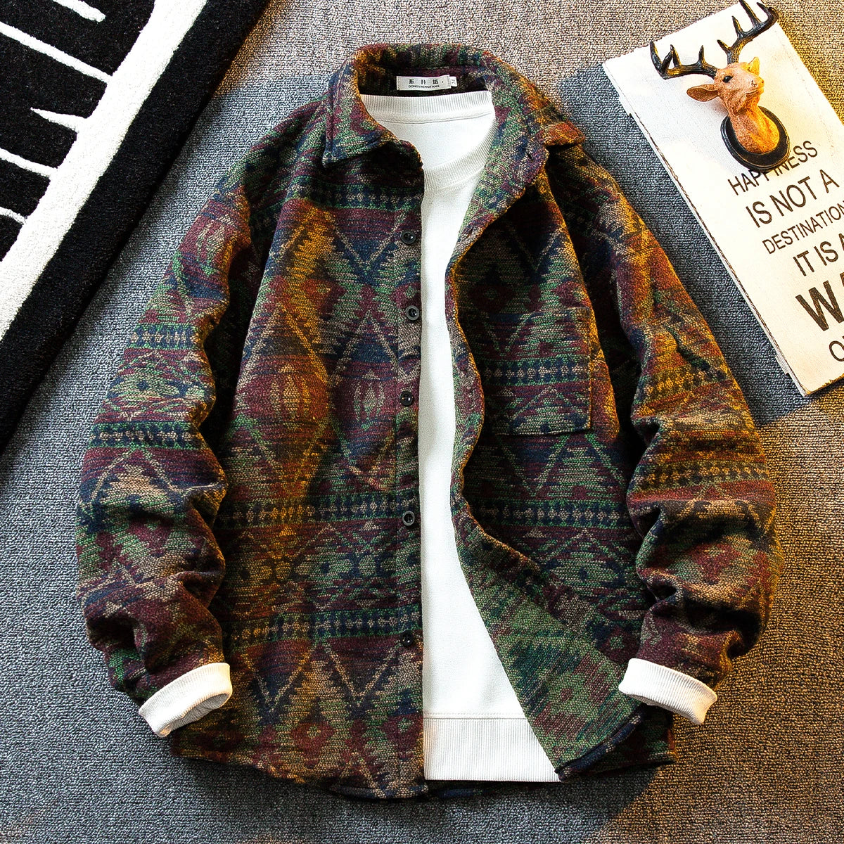 Threebooy Diamond Ethnic Style Jacquard Brushed Shirt Men Long-sleeved Korean Style Autumn Winter Thickened Warm Lapel Woolen Shirt Jacket