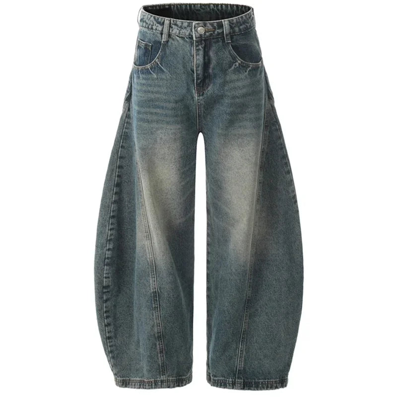 Threebooy Wide Leg Curved Jeans Mens Washed Distressed Retro High Street Loose Denim Pants Baggy Trousers Y2K Men Straight Spliced Jeans
