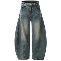 Threebooy Wide Leg Curved Jeans Mens Washed Distressed Retro High Street Loose Denim Pants Baggy Trousers Y2K Men Straight Spliced Jeans
