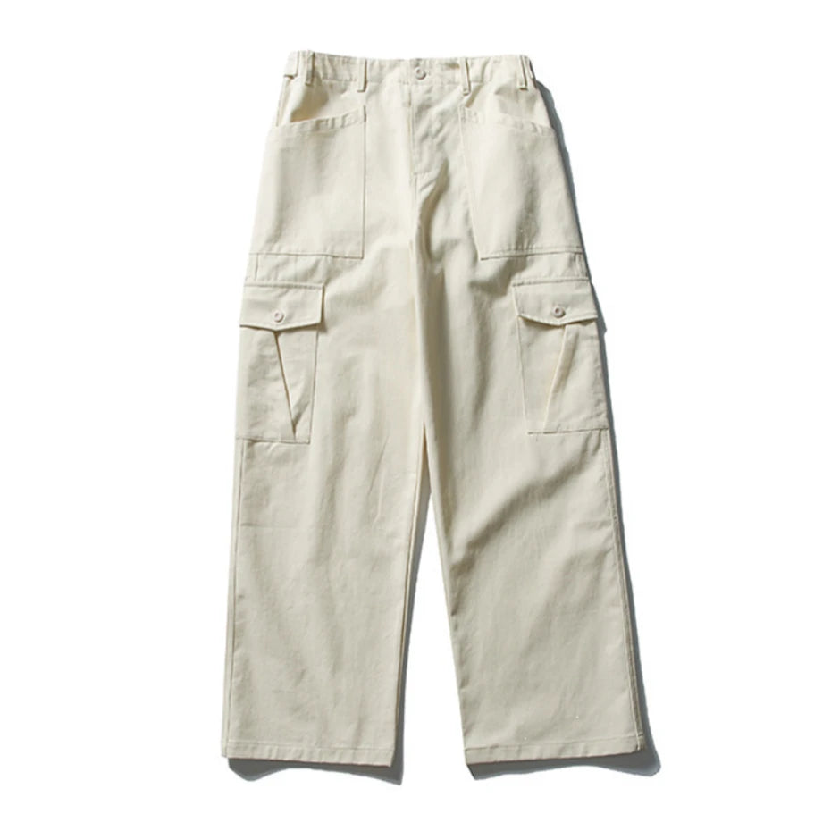 Threebooy Mens Pockets Cargo Pants Cotton Casual Trousers Men Streetwear Wide Leg Vintage Japan Style Cityboy Baggy Logging Pants Male