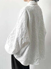 Threebooy  2XL White New Crumpled Jacquard Shirt Loose Fashion Solid Color Casual Turn-down Collar Top New All-match Bat Wing Sleeve P7W