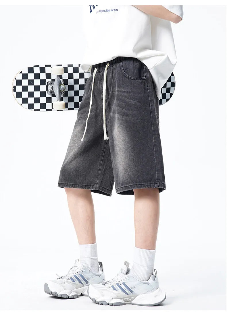 Threebooy Mens Denim Shorts Elastic Waist Drawstring Washed Classic Casual Summer Streetwear Vintage Stonewash Comfort Fit 2025 Fashion
