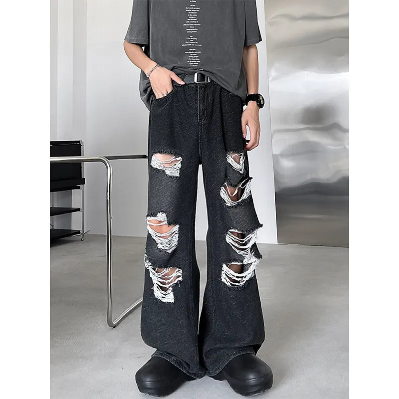 Threebooy Men's Ripped Hole Jacquard Jeans  Summer Thin Handsome Casual Pants Unisex High Street Straight Wide Leg Jeans Blue/Black