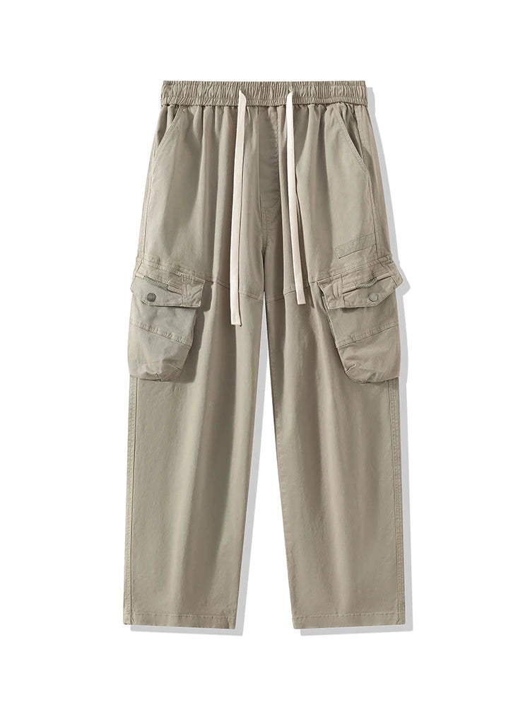 Threebooy Men's Straight Cargo Pants with 4 Pockets Washed Cotton Drawstring Elastic Waist Wide Leg Workwear Casual Pants Loose Fit
