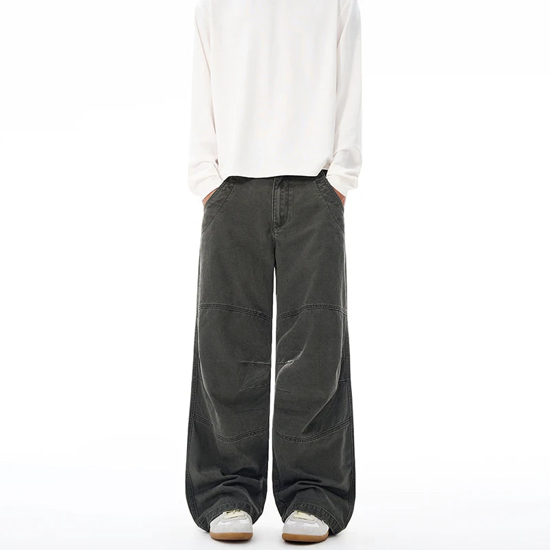 Threebooy 100% Cotton Autumn Men's Loose Trousers Oversized Fashion Spliced Hip Hop Streetwear Wide Legs Baggy Cargo Trousers