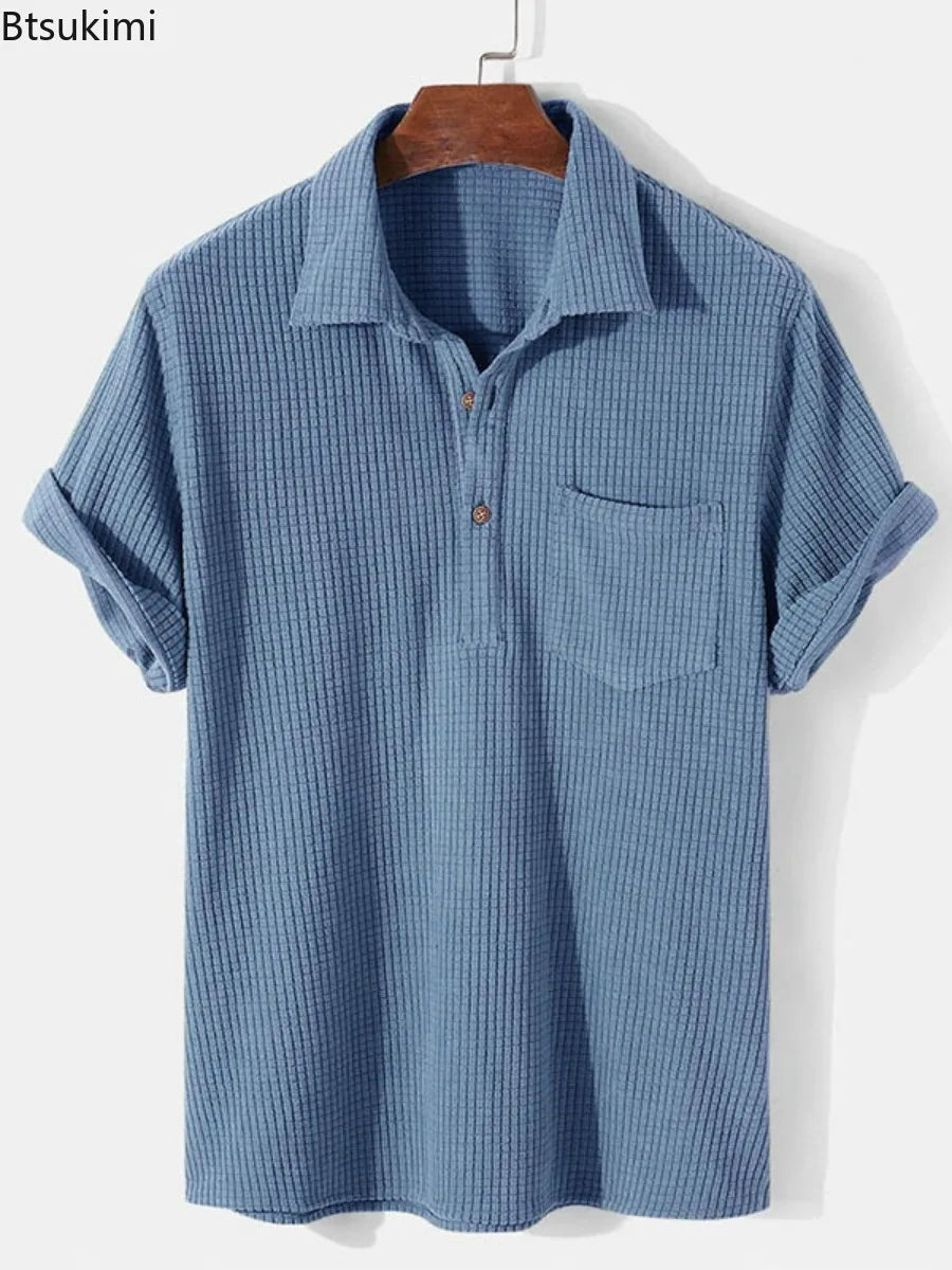 Threebooy  New 2025 Men's Summer Corduroy Short Sleeve Shirt Fashion Casual Streetwear Solid Lapel Loose Pullover Retro Simple Tops for Men