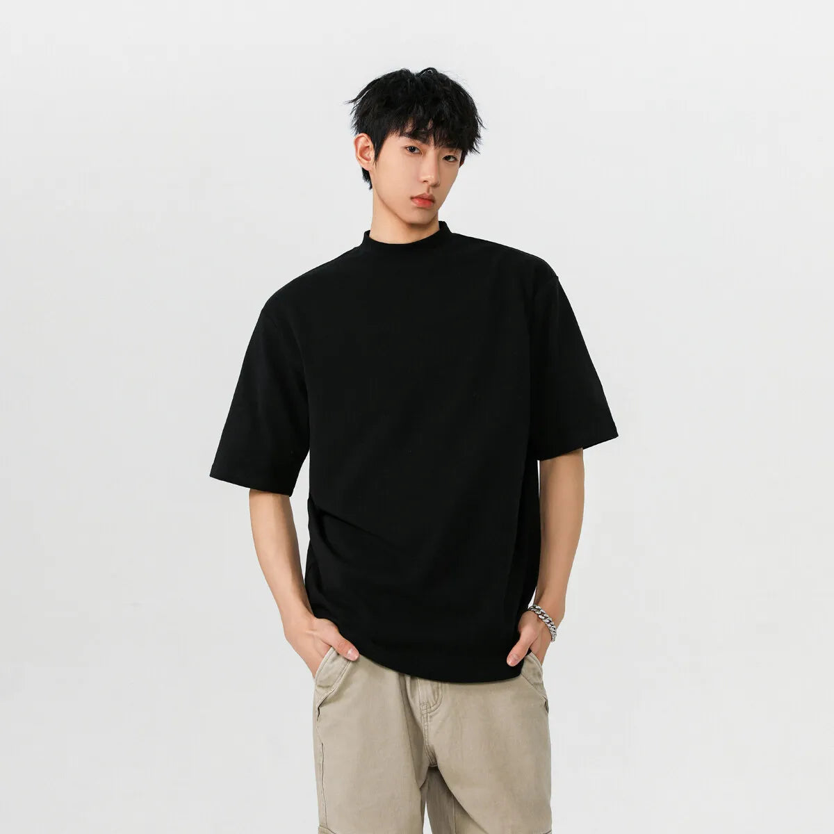 Threebooy Black White Men's T shirt Cotton Short Sleeve Sports GYM Running Fitness T-shirts Tops For Man Mock neck Casual Tshirt