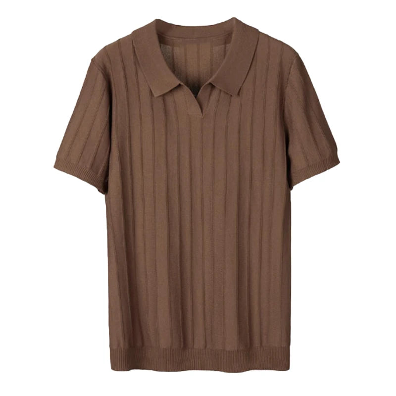 Threebooy  New Men's Clothing Luxury Business V Neck Polo Shirt Casual Slim-fit Knitted Solid Color Short Sleeve T-shirt High Quality Tops