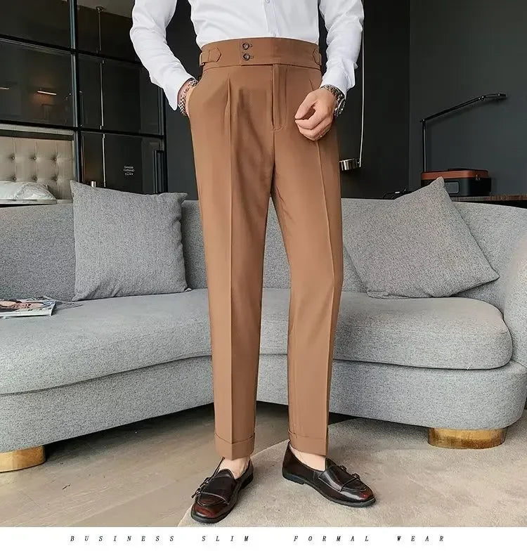 Threebooy Nadir Coffee Color Men's Trousers Classic Trendy Paris Button Single Pleat Slims Smooths Your Silhouette Business Casual Pants