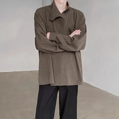 Threebooy  French Button Stand Collar Korean Style High Collar Trendy Top Shirt Retro Loose Shirt Casual