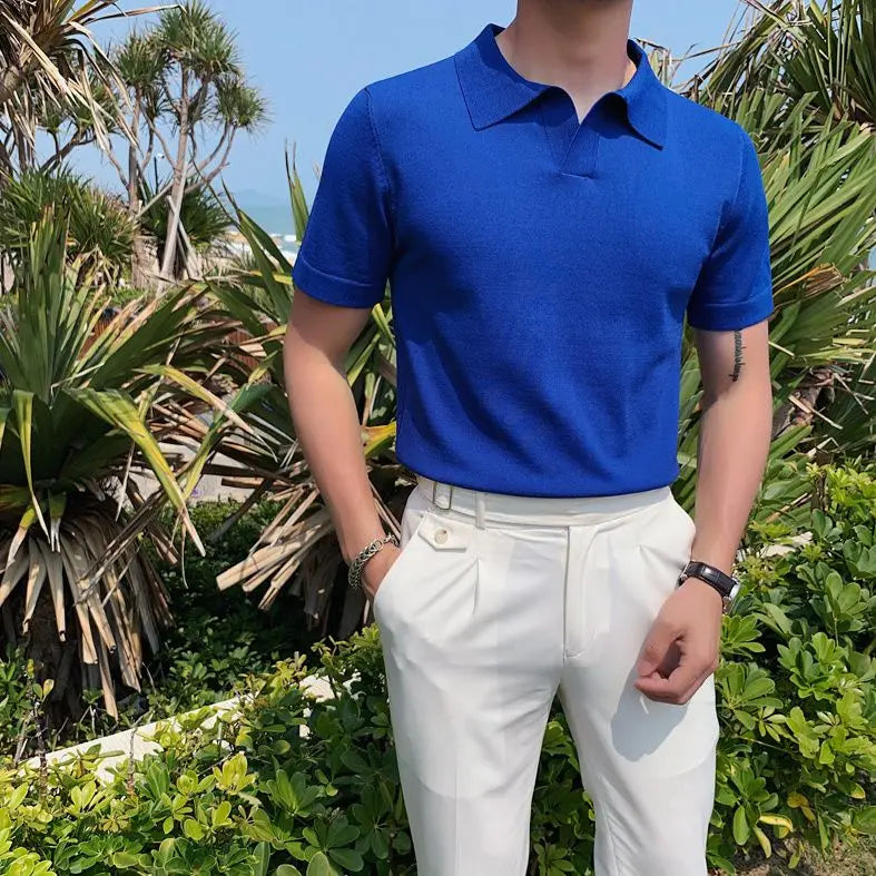 Threebooy  Men's Clothing Light Luxury Knitted Polo Shirt Casual Soild V-Neck Solid Jacquard Short Sleeve T-Shirt Breathable M-4XL