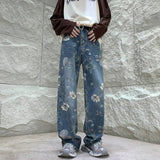 Threebooy Baggy Flower Jeans Men Fashion Oversized Wide Leg Jeans Men Streetwear Hip-hop Loose Straight Denim Pants Mens Trousers S-XL