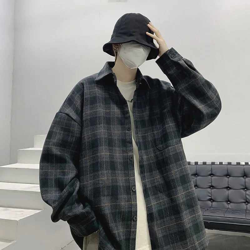 Threebooy Spring Autumn Men's Long Sleeved Checkered Shirt Jacket Coat