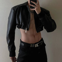 Threebooy Autumn Product Design Sense Lgbt Sexy Navel Exposed Fashion High Street High Waist Double Zipper Wide Shoulder Leather Jacket