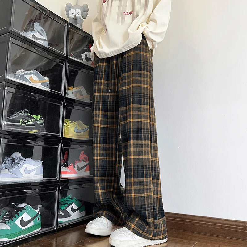 Threebooy  Autumn Plaid Pants Men Oversized Fashion Retro Casual Pants Men Streetwear Hip-hop Loose Wide Leg Pants Mens Vintage Trousers