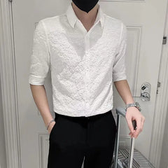 Threebooy  Summer Ice Silk Shirt Men's Versatile Ins Trendy Brand Half-sleeved Ins Casual Five-point Sleeve Handsome Mid-sleeved Shirt