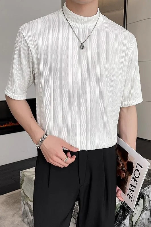 Threebooy Summer Men's Ice Silk Pleated Fabric Short Sleeve T-shirt Handsome Half High Collar Tshirts White/green/black T Shirts