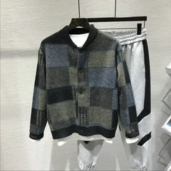 Threebooy Man Clothes Plaid Coat Knitted Sweaters for Men Jacket Cardigan Thick Winter Japanese Harajuku Fashion Over Fit Knit