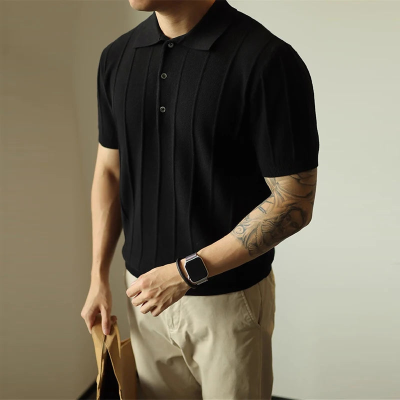 Threebooy  New Men's Clothing Luxury Business Polo Shirt Casual Slim-fit Knitted Solid Color Short Sleeve T-shirt High Quality Tops M-3XL