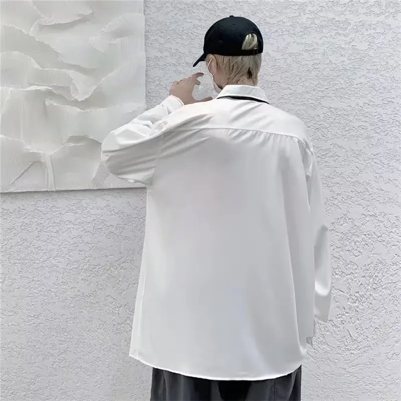 Threebooy White Solid Shirts With Tie Men's Oversize Long Sleeve Casual Cardigan Fashion Spring Autumn Blouses Unisex Daily All-match Tops