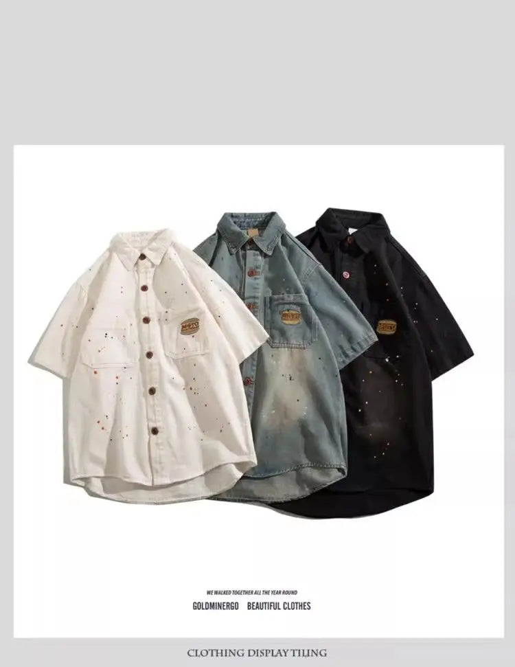 Threebooy American hip-hop men and women trendy splashed ink denim shirt for couples loose retro high-end wide casual top harajuku y2k