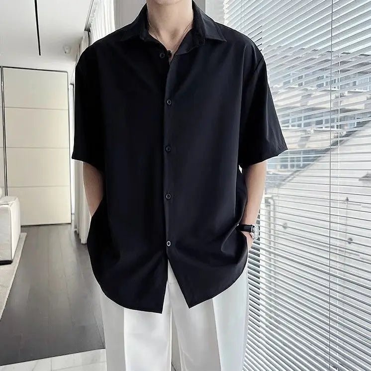 Threebooy  Summer Ice Silk Shirt Men's Short-sleeved Trendy Brand Men's Casual High-end Sense Handsome Five-point Sleeve White Shirt