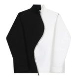 Threebooy Mens Y2k Half Turtleneck Black And White Contrast Sweatshirt New Style Splicing Trend Irregular Zipper Trend Jacket For Men