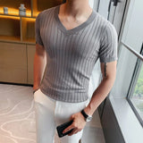 Threebooy  Men's Summer Casual Knitting Ice Silk T-shirt/Male Slim Fit V-Neck Short Sleeve T-Shirt Slim Fit Tees Plus Size S-4XL