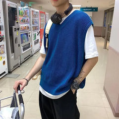 Threebooy Men's Clothing Solid Color Vest V Neck Waistcoat Knit Sweater Male Plain Blue Baggy Sleeveless Korean Style Spring Autumn 2024 X