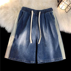 Threebooy Summer New Men's Denim Shorts Korean Street Loose Casual Shorts Fashion Elastic Waist Stitching Blue Five-point Pants