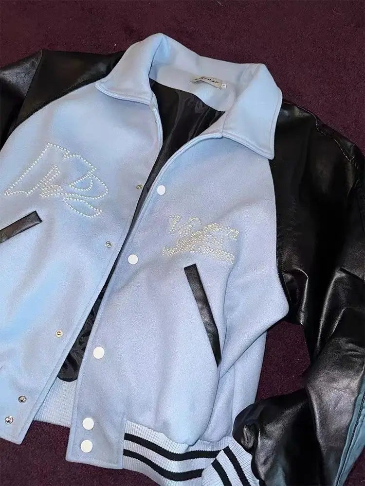 Threebooy  American Retro Baseball Uniform High Street Contrasting PU Leather Bead Design Ragdoll Sleeve Jacket Versatile Couple Jacket