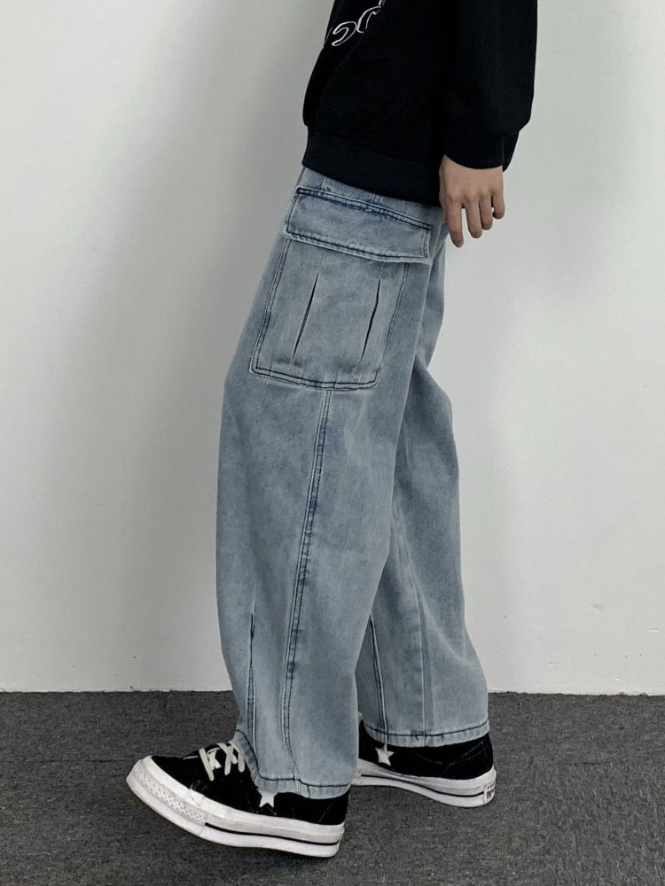 Threebooy Dark Straight Jeans Men's Korean Autumn Winter Kpop Vintage Black Denim Pants Women Popular Washed Loose Cargo Trousers