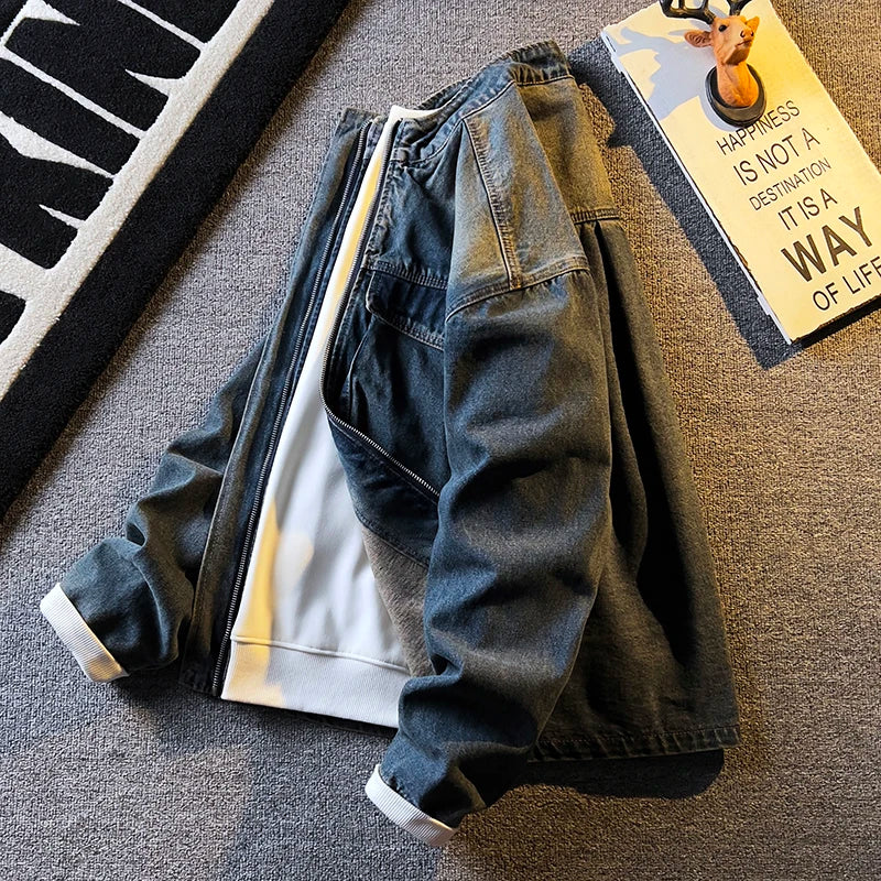 Threebooy  Spring Autumn Old Blue Loose Large Pocket Stand Collar Denim Jacket Men's Retro American High Street Zipper Jacket Top Urban