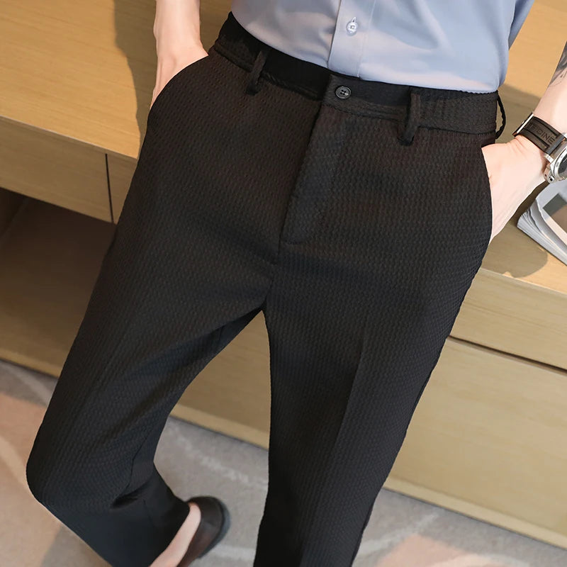 Threebooy Waffle Casual Suit Pant Spring Men Elastic Waist Formal Classic Pants Green Black White Office Social Slim Trousers Homme 29-38