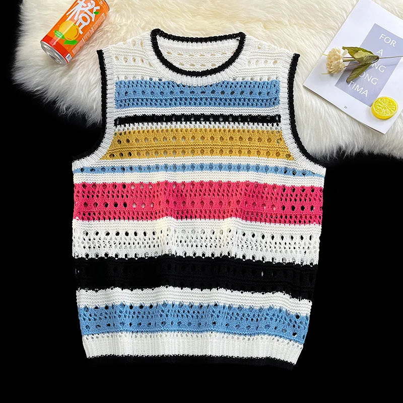 Threebooy Contrast Striped Hollowed Out Knit Tank Top Men's Oversize Summer Japanese Outerwear Layered Bf Couple Knitwear Sleeveless Top