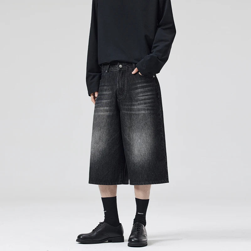 Threebooy  Oversized Baggy Men's Denim Shorts Summer Fashion Retro Casual Loose Wide-leg Calf-length Jeans Harajuku Y2K Streetwear