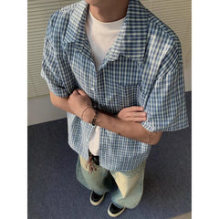 Threebooy Blue short-sleeved plaid shirt for men, summer cleanfit collar shirt, American loose couple style.