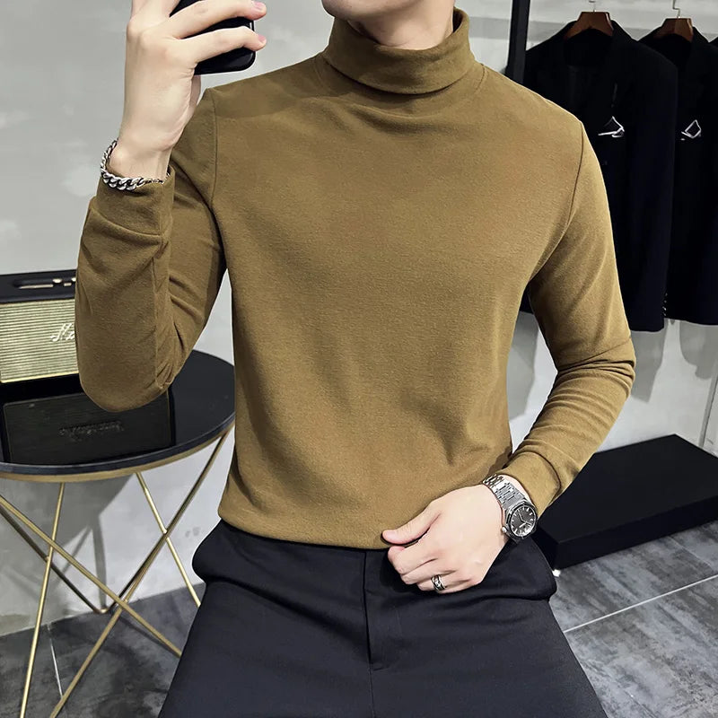 Threebooy  British Quality Leisure Men Long Sleeve T-shirt/Male Slim Fit High Quality High Collar Fashion T-shirt/Man Spring Pullover