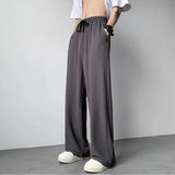 Threebooy Summer Breathable Loose Ice Silk Wide Leg Pants Men New Solid Stripes Elastic Waist Pockets Trendy Thin Casual Straight Trousers