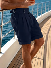 Threebooy  Men High Waist Pleated Waffle Suit Shorts Adjustable Side Buckle Cuffed Bermuda Shorts 100% Polyester S-XXL